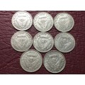 A LOT OF 8 SA UNION SILVER THREEPENCES - DIFFERENT DATES - [Bid per coin to take all]