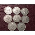 A LOT OF 8 SA UNION SILVER THREEPENCES - DIFFERENT DATES - [Bid per coin to take all]