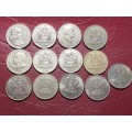 A LOT OF 13 RSA NICKEL 50 CENTS - ALL DIFFERENT DATES - [Bid per coin to take all.]