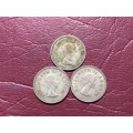 3 x 1958 SA UNION SILVER 3 PENCES - [Bid per coin to take all.]
