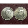 2 x 1947 SA UNION SILVER 5 SHILLINGS - [Bid per coin to take both.]