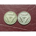 2 x 1955 SA UNION SILVER 3 PENCES - [Bid per coin to take both]