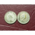 2 x 1955 SA UNION SILVER 3 PENCES - [Bid per coin to take both]