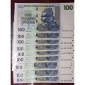 10 x ZIMBABWE 100 Dollar Notes IN SEQUENCE - AA NUMBER - MINT STATE - [Bid per note to take all.]