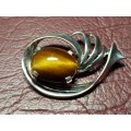 Lovely Genuine Solid Sterling Silver Brooch With Tiger eye Stone in Perfect Condition - [9,4 g]