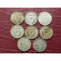 A Lot of 8 SA Union Silver 3 Pence - [Bid per coin to take all]