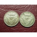 2 x 1953 SA Union Silver 3 Pence - [Bid per coin to take both]