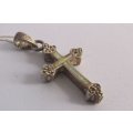 A LOVELY STERLING SILVER NECKLACE PLUS CROSS PENDANT SET WITH A FIERY "STONE" ? SEE PICS !! NICE