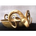 AN EYE CATCHING OLD BRASS / BRONZE BOWL WITH INTRICATELY DETAILED GOAT HEAD HANDLES...AWESOME FIND !