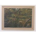 A GORGEOUS ORIGINAL OIL ON CANVAS OF A DEER IN A FORREST BETWEEN THE SHRUBS ....SIGNED J SANDERSON