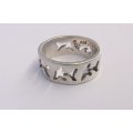 A VINTAGE SOLID STERLING SILVER MEXICAN DESIGNER RING WITH "CUT OUT" DOLPHINS ALL ROUND !! SWEET !!