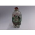 A BEAUTIFUL ORIENTAL GLASS SNUFF BOTTLE WITH WILD BIRD , WATERFALL AND BLOSSOMS DETAIL ....WOW !!