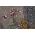 AN INTRIGUING ORIGINAL STILL LIFE OIL ON BOARD OF A TEDDY AND FLOWERS SIGNED BY THE ARTIST GARVIN...