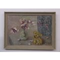 AN INTRIGUING ORIGINAL STILL LIFE OIL ON BOARD OF A TEDDY AND FLOWERS SIGNED BY THE ARTIST GARVIN...