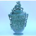 A GORGEOUS ANCIENT LOOKING CHINESE CARVED GREEN AND WHITE STONE URN !! WOW !! WOW !!