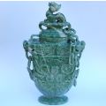 A GORGEOUS ANCIENT LOOKING CHINESE CARVED GREEN AND WHITE STONE URN !! WOW !! WOW !!