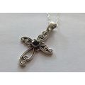 A COOL STERLING SILVER CROSS PENDANT WITH ONYX LOOK INSET & STERLING SILVER NECKLACE !! STUNNING !!