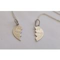 FOR HER & HER !! TWO DAINTY STERLING SILVER NECKLACES WITH ""BEST FRIEND"" HALF HEART PENDANTS !!