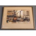 AN ORIGINAL VINTAGE WATERCOLOR PAINTING OF CHINESE STYLE RIVER BOATS SIGNED BY THE ARTIST