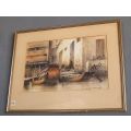 AN ORIGINAL VINTAGE WATERCOLOR PAINTING OF CHINESE STYLE RIVER BOATS SIGNED BY THE ARTIST