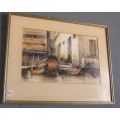 AN ORIGINAL VINTAGE WATERCOLOR PAINTING OF CHINESE STYLE RIVER BOATS SIGNED BY THE ARTIST