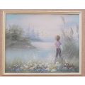WOW !! A VERY CHARMING PAIR OF ORIGINAL OIL ON BOARD PAINTINGS DEPICTING YOUNG CHILDREN AT THE LAKE