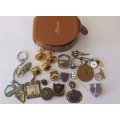 AN ADORABLE VINTAGE GENUINE LEATHER "STUDS" BOX FILLED WITH CUFFLINKS AND BADGES !! NICE ,VERY NICE