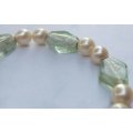 WOW !! A GENUINE FRESHWATER " AKOYA " PEARL AND PALE GREEN GLASS BRACELET WITH STERLING SILVER CLASP