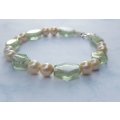 WOW !! A GENUINE FRESHWATER " AKOYA " PEARL AND PALE GREEN GLASS BRACELET WITH STERLING SILVER CLASP