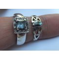 TWO SOLID STERLING SILVER RINGS ,ONE WITH FACETED BLUE STONE , ONE WITH AN ABALONE LOOK INSET !! WOW