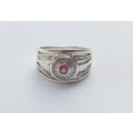 WOW !! A MAGNIFICENT WIDE SOLID STERLING SILVER RING SET WITH A RUBY RED FACETED STONE !!