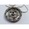 A STYLISH STERLING SILVER "WHEEL" PENDANT SET WITH VARIOUS STONES PLUS A STERLING SILVER NECKLACE !!