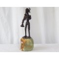 WOW !! AN OLD AND HEAVY BRONZE MYTHICAL MUSICIAN FIGURE ON A GREEN ALABASTER BASE !! MUST SEE !!