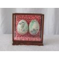 AN INTRIGUING PAIR OF ORIENTAL HAND PAINTED MODEL EGGS IN A WOOD AND GLASS DISPLAY CASE !! READ !!