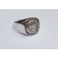 WOW !! A FABULOUS QUALITY SOLID STERLING SILVER COIN RING SET WITH RUBY COLORED STONES !!