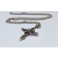 A STUPENDOUS SOLID STERLING SILVER JEWEL ENCRUSTED CROSS PENDANT WITH VINTAGE MULTI LINK NECKLACE