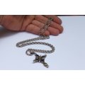 A STUPENDOUS SOLID STERLING SILVER JEWEL ENCRUSTED CROSS PENDANT WITH VINTAGE MULTI LINK NECKLACE