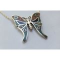 A BREATHTAKINGLY BEAUTIFUL ENAMEL ON STERLING SILVER BUTTERFLY PENDANT WITH NECKLACE !! BUILT IN !!