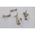 A DELIGHTFUL LOT OF 4 SOLID STERLING SILVER MUSICAL INSTRUMENT CHARMS IN EXCELLENT CONDITION !! WOW