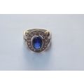 A GORGEOUS SOLID STERLING SILVER RING SET WITH A FACETED BLUE STONE AND CLEAR STONES !! MUST SEE !!