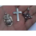 A STUNNING LOT OF TWO STERLING SILVER AND ONE EGYPTIAN SILVER PENDANT FOR YOUR COLLECTION !! AWESOME