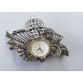WOW !! A RARE VINTAGE SOLID STERLING SILVER WATCH BROOCH SET WITH LOTS OF MARCASITE !! MUST SEE !!
