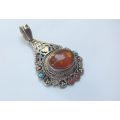 AN AMAZING BIG SOLID STERLING SILVER PENDANT SET WITH A CABOCHON AMBER AND GEMSTONES !! WOW !!