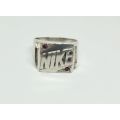 R1 START !! A TOTALLY COOL SOLID STERLING SILVER ` NIKE ` THEME RING WITH FACETED STONES !! WOW !!