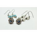 WOW !! THREE GORGEOUS PAIRS OF SOLID STERLING SILVER EARRINGS WITH EYE CATCHING INSETS !!