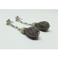 AN EXQUISITE VINTAGE LOOK PAIR OF HEAVY STERLING SILVER EARRINGS WITH MARCASITE AND SEED PEARLS !!