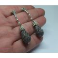 AN EXQUISITE VINTAGE LOOK PAIR OF HEAVY STERLING SILVER EARRINGS WITH MARCASITE AND SEED PEARLS !!