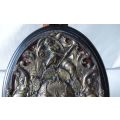 A HIGHLY DETAILED ANTIQUE METAL ON WOOD DESK PIECE / PLAQUE WITH ANGELIC MOTIFS
