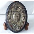 A HIGHLY DETAILED ANTIQUE METAL ON WOOD DESK PIECE / PLAQUE WITH ANGELIC MOTIFS