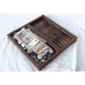 AN AWESOME VINTAGE HAND MADE INLAID WOODEN GAMES BOX FILLED WITH OVER 600 COINS PLUS NOTES !! WOW !!